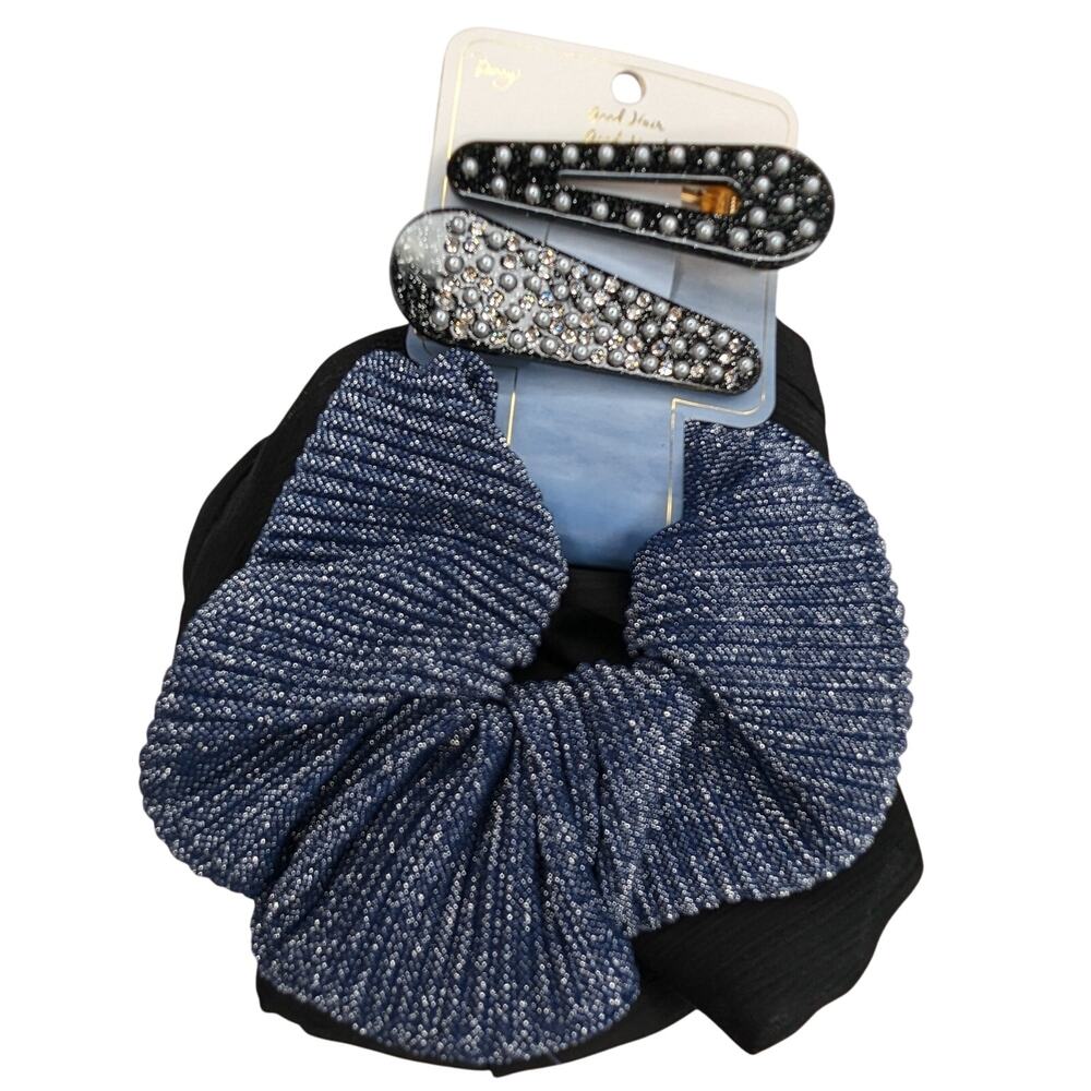 Berry Hair Scrunchie and Barrette Set Blue Black Shimmer Set of 2 Pack - Picture 4 of 4